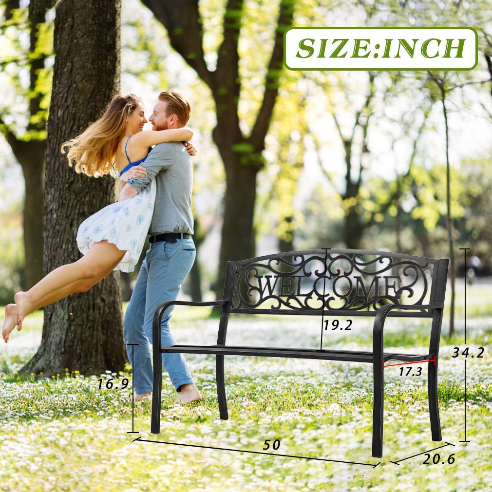 Black Metal Garden Patio Bench with Armrests O9892