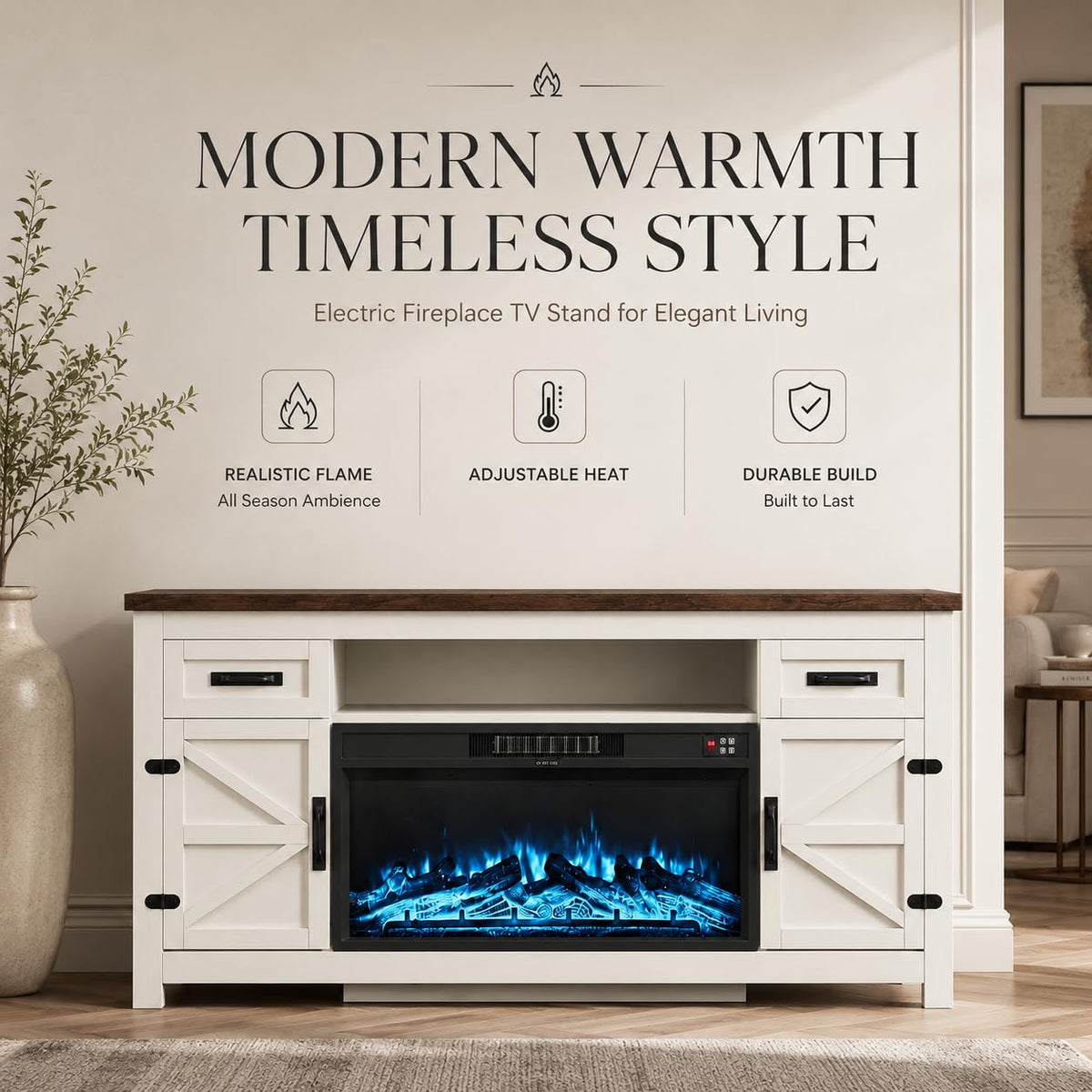 White 70 inch Fireplace TV Stand with Barn Door X3372