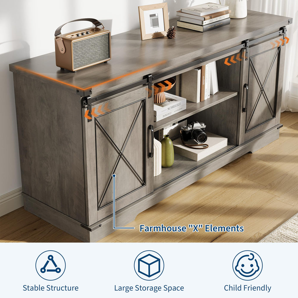 Farmhouse TV Stand 65+ inch with Sliding Barn Doors and Storage Cabinets U181