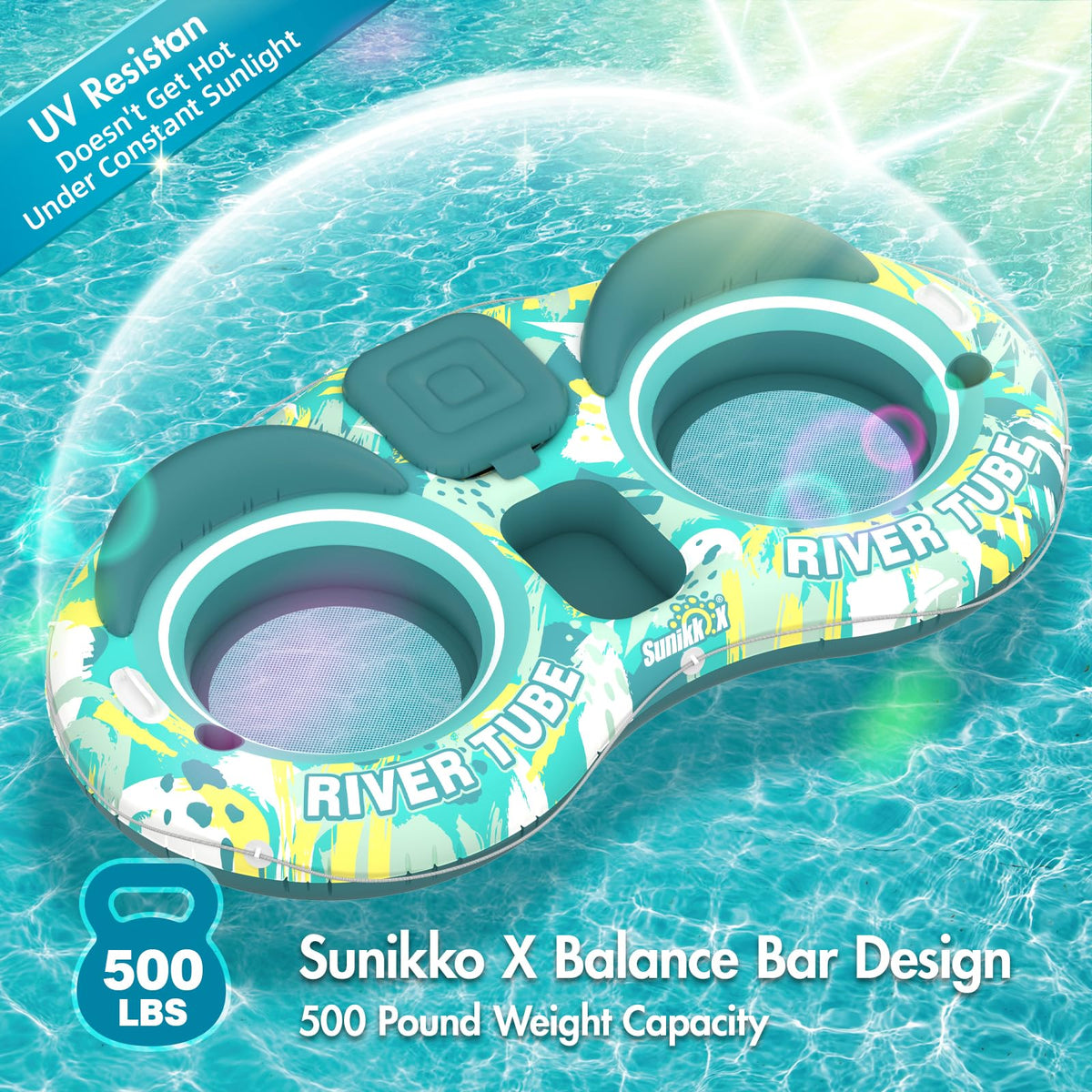 5-in-1 Pool Floats 2 Person River Tube with Backrests Built-in Cooler K29943