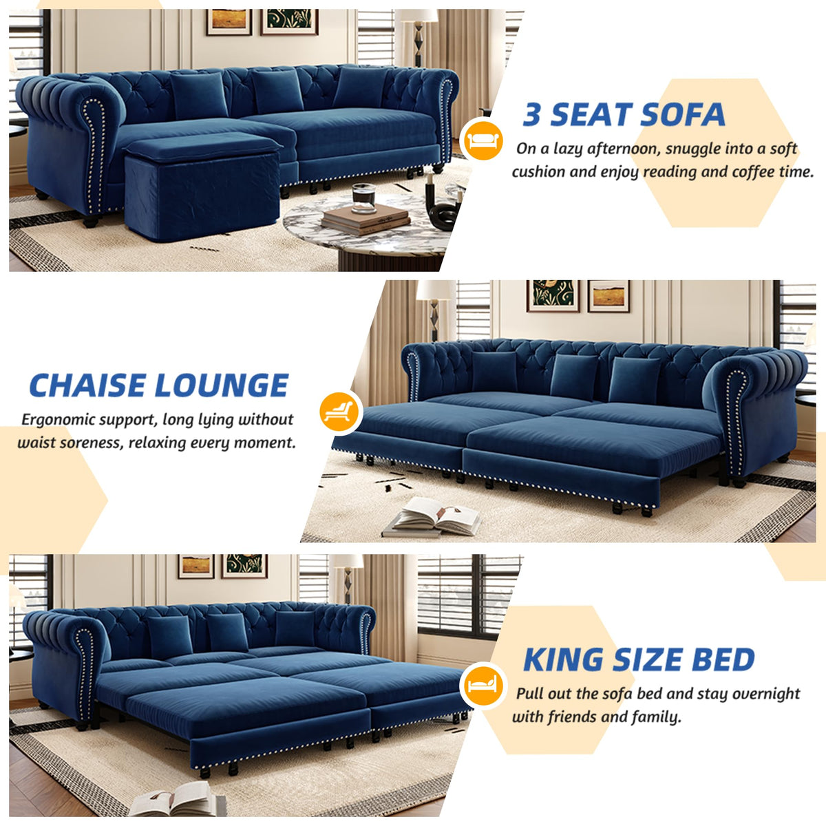 Blue Velvet King Size Sleeper Sofa P7081