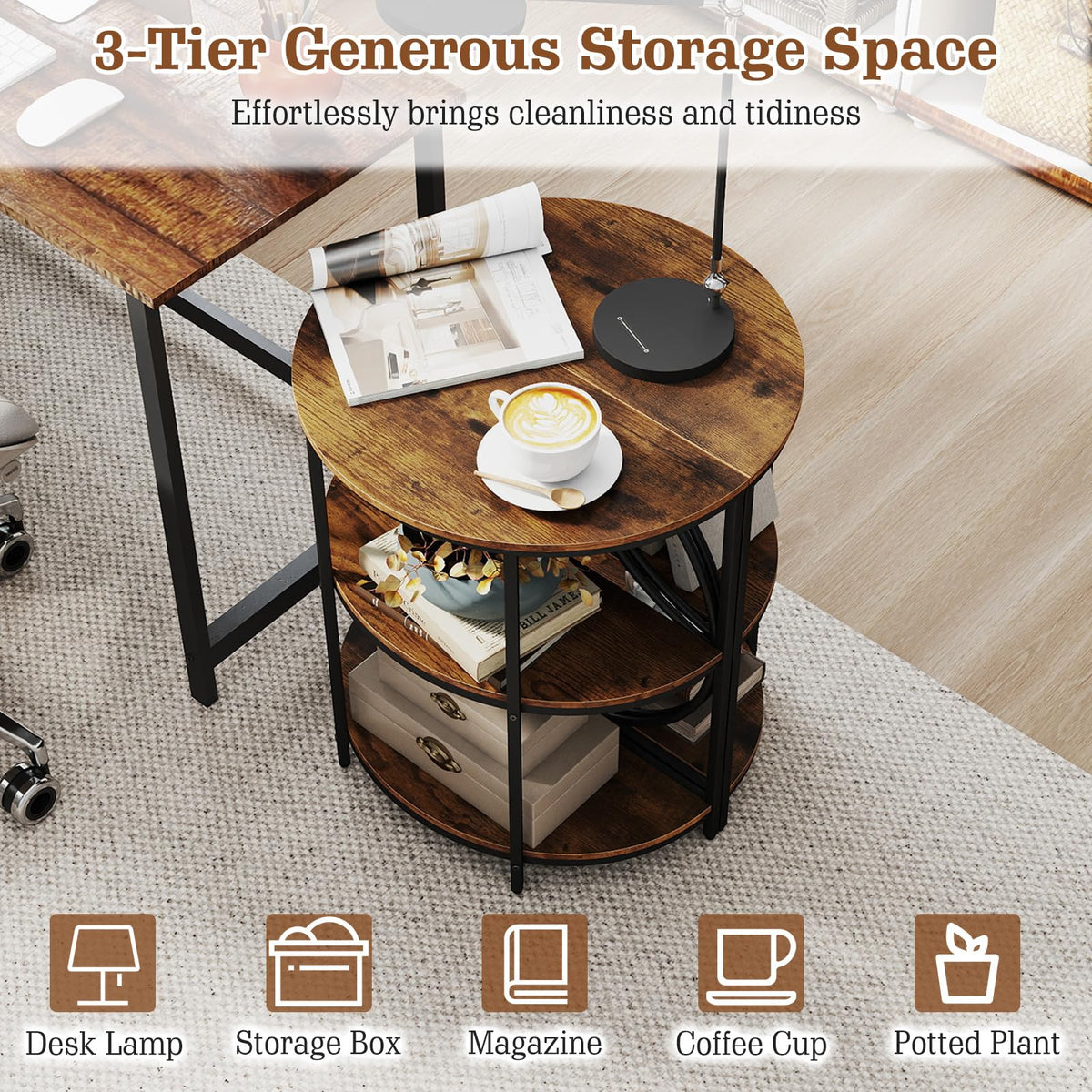 Half Round 3-Tier Sofa Side Table with Storage Shelves N3370