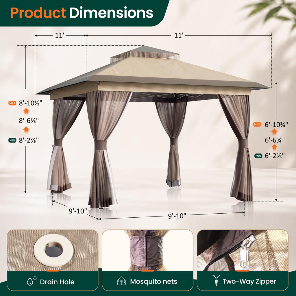 11'x11' Waterproof UV Protection Pop Up Gazebo with Mosquito Netting T83738
