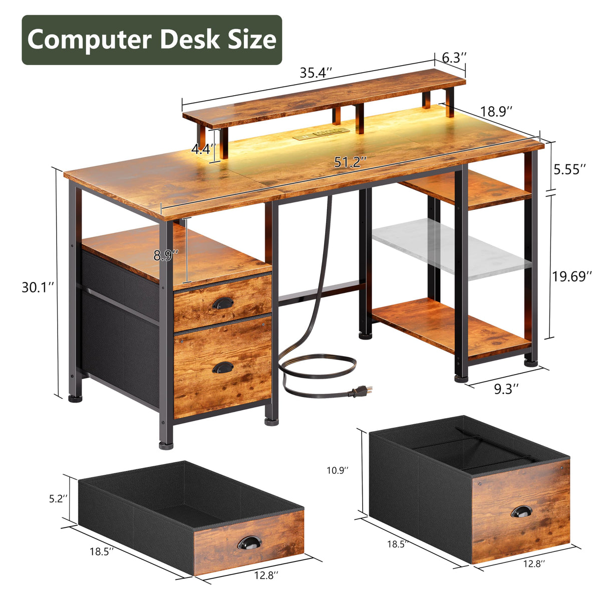 51" Computer Desk with Outlets & LED, Brown E287