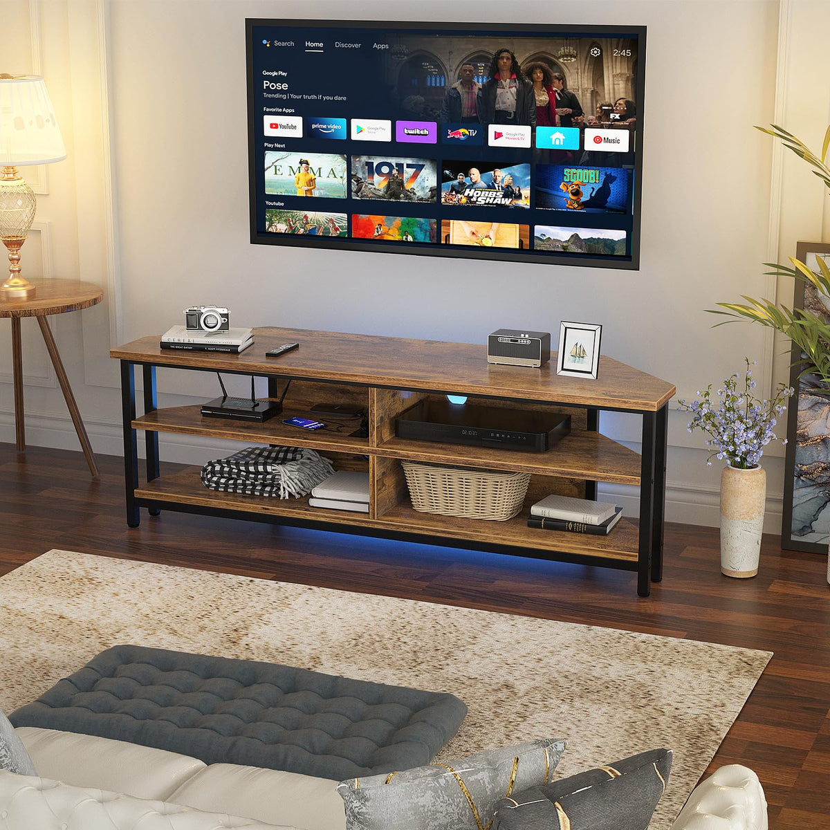 55'' Corner TV Stand with Power Outlet and 4 Open Storage Shelves D268