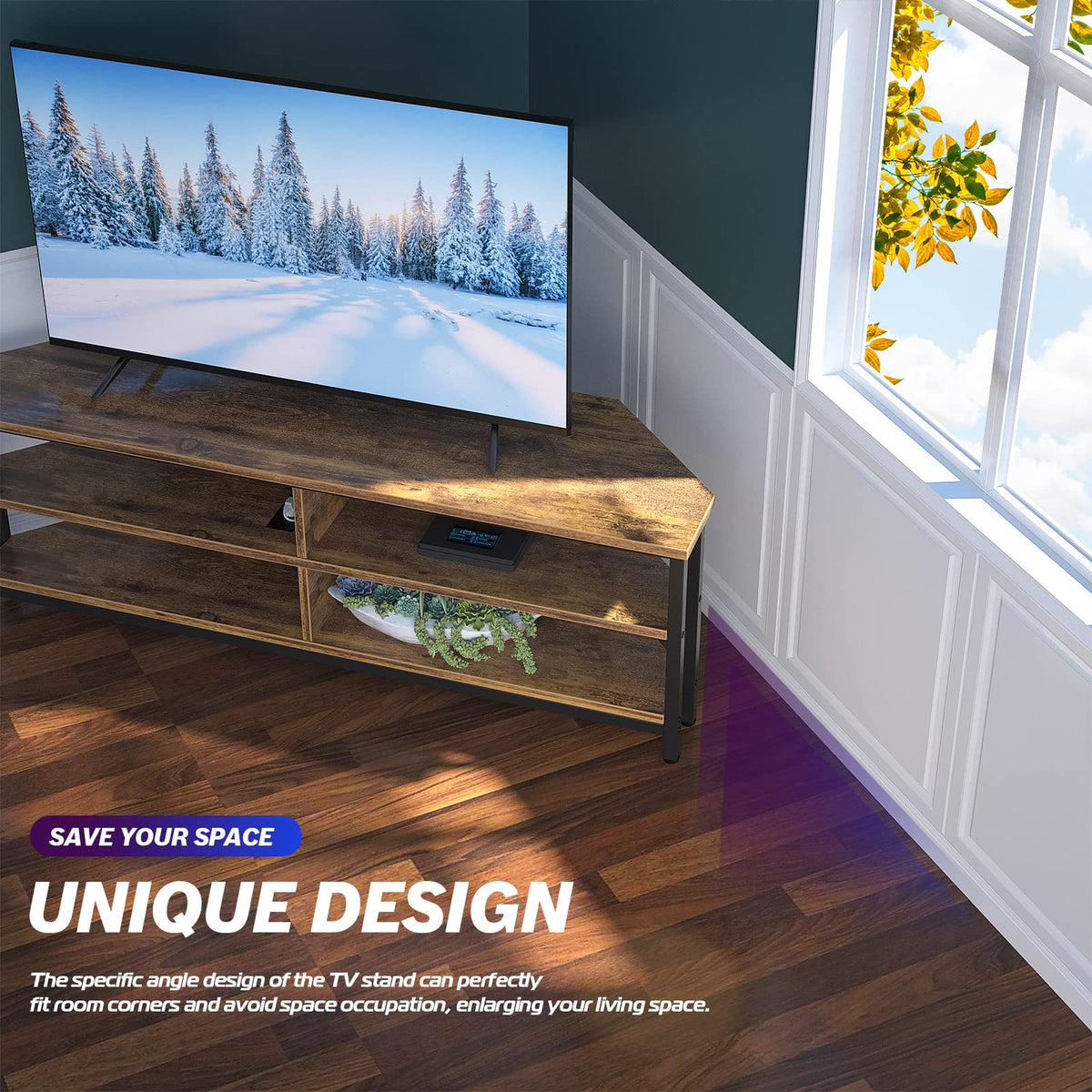 55'' Corner TV Stand with Power Outlet and 4 Open Storage Shelves D268