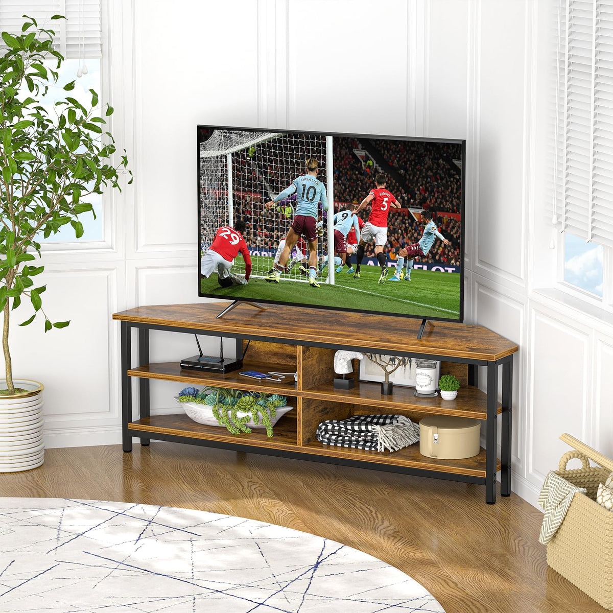 55'' Corner TV Stand with Power Outlet and 4 Open Storage Shelves D268