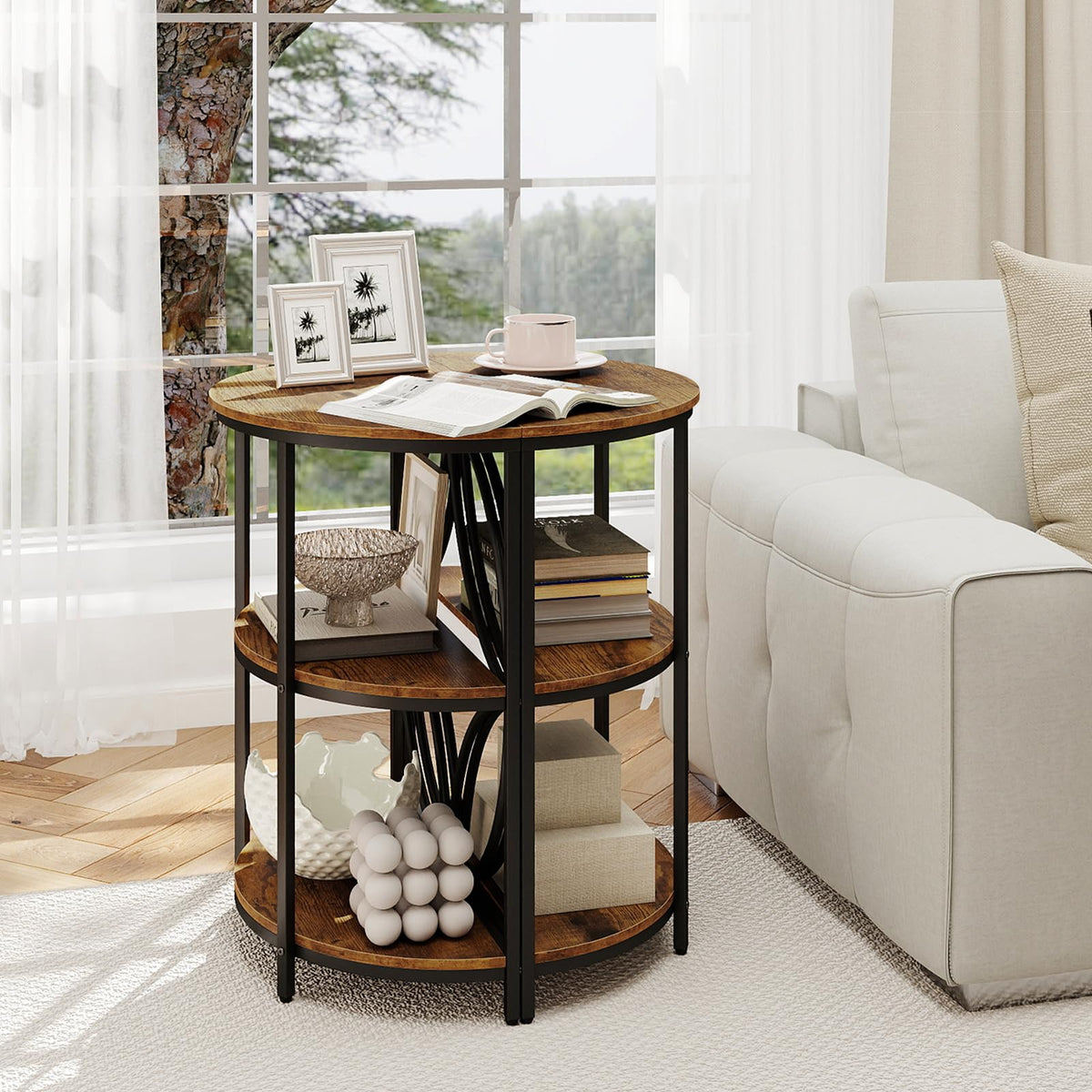 Half Round 3-Tier Sofa Side Table with Storage Shelves N3370