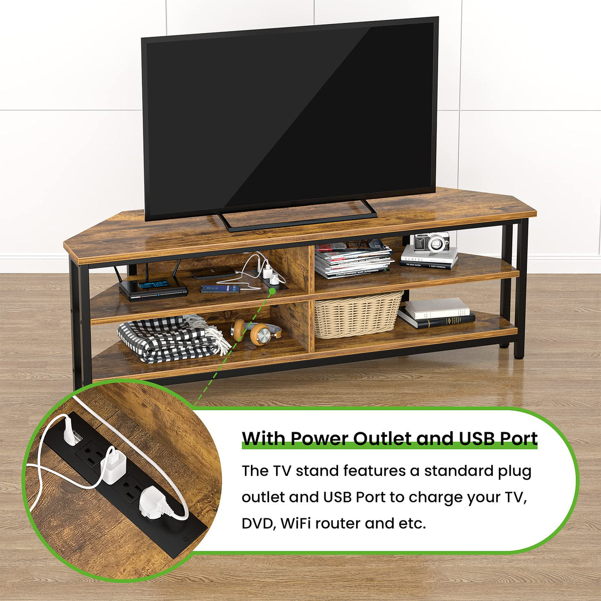 55'' Corner TV Stand with Power Outlet and 4 Open Storage Shelves D268