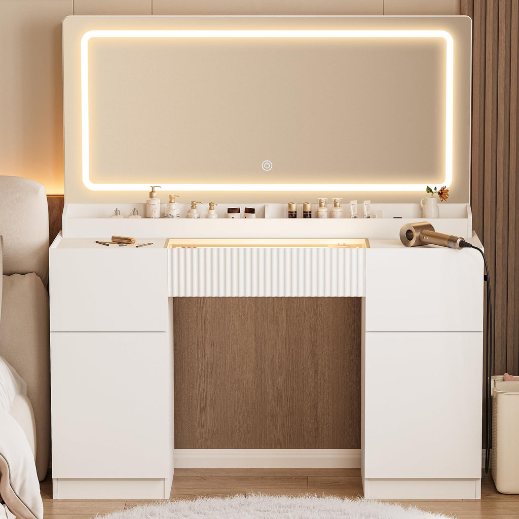 44" Pure White Vanity Desk with Mirror and Lights H533008