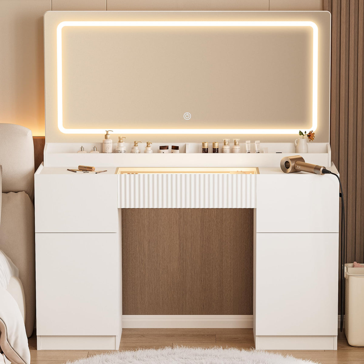 44" Pure White Vanity Desk with Mirror and Lights H533008
