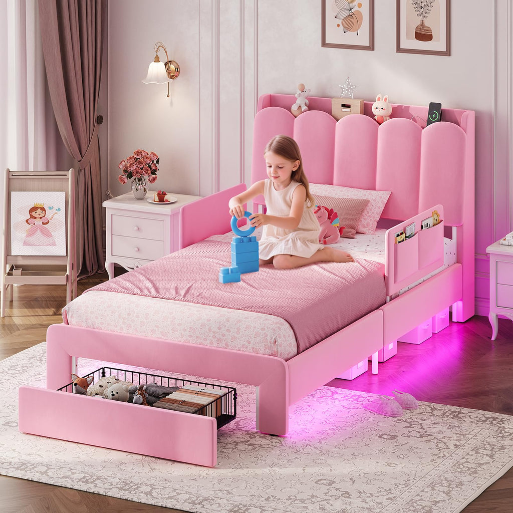 Pink Velvet Upholstered Twin Size Platform Bed with Storage Drawer R4153