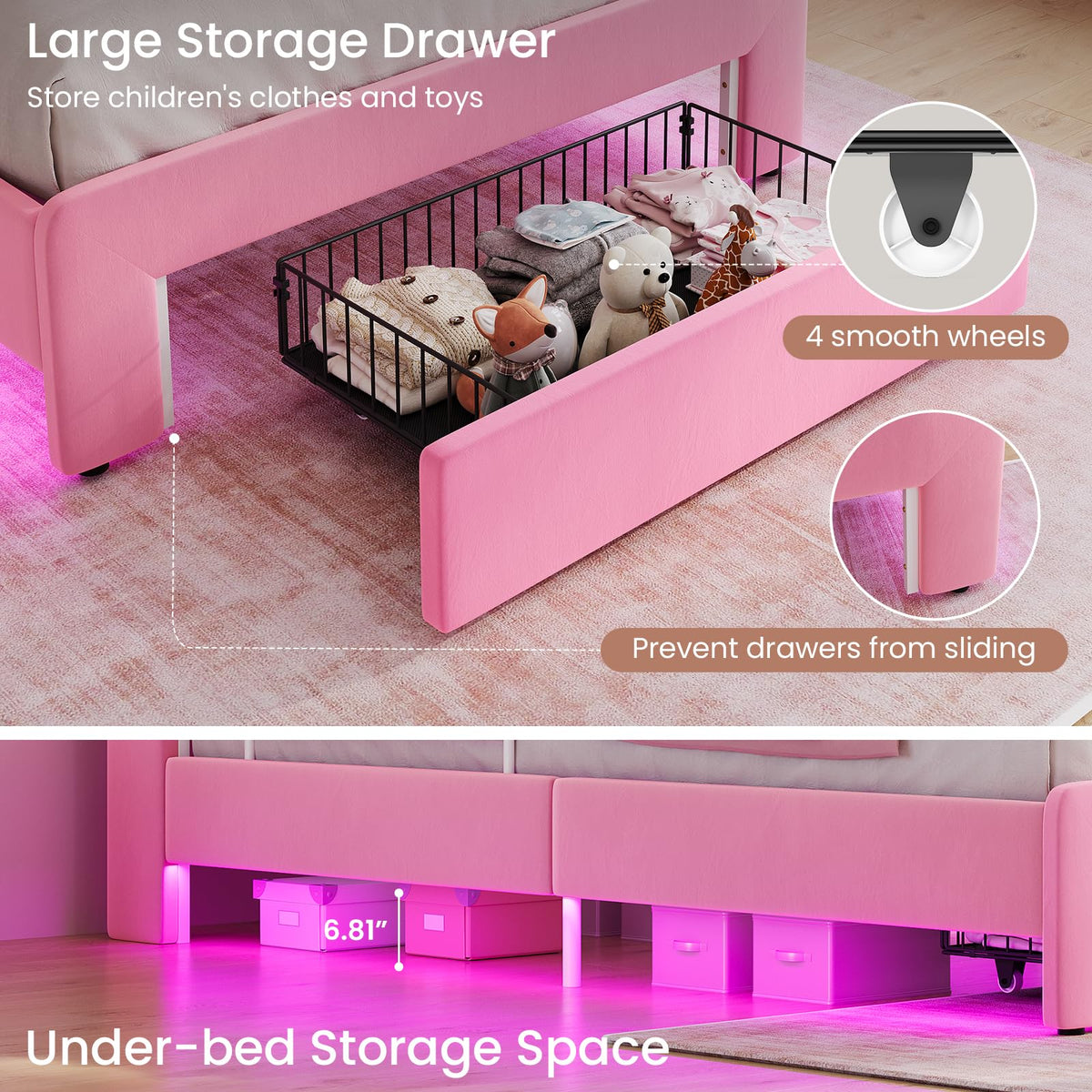 Pink Velvet Upholstered Twin Size Platform Bed with Storage Drawer R4153