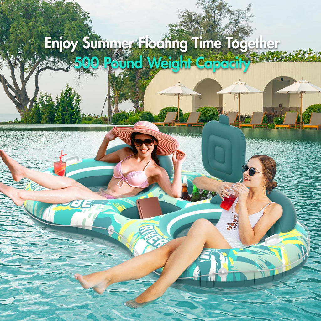 5-in-1 Pool Floats 2 Person River Tube with Backrests Built-in Cooler K29943