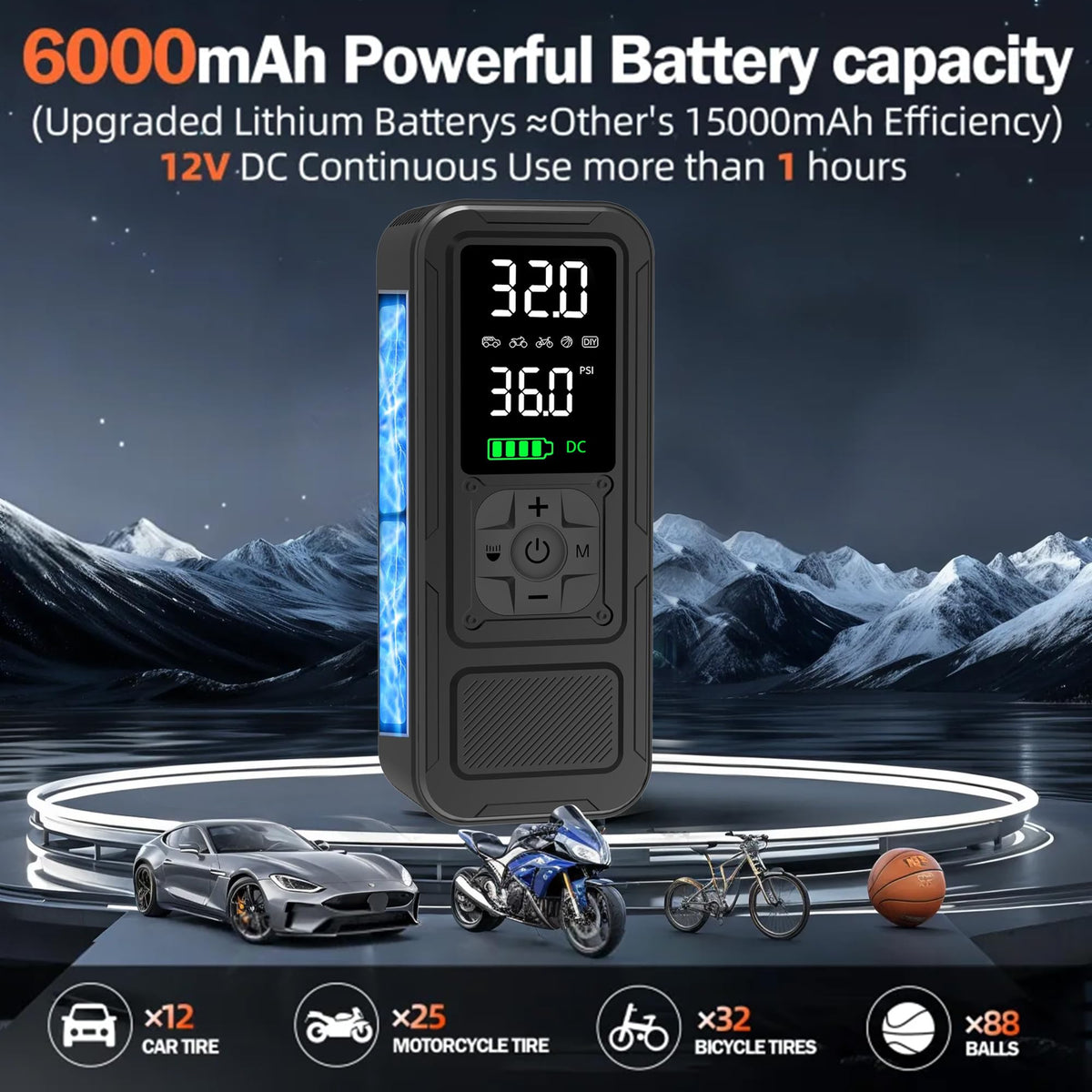 Portable Air Compressor 6000mAh 150PSI Tire Inflator E1485