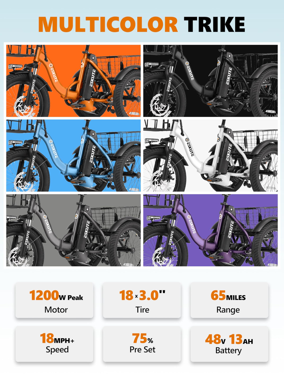Foldable 3-Wheel Electric Trike Bike with 1200W Peak Motor X1529