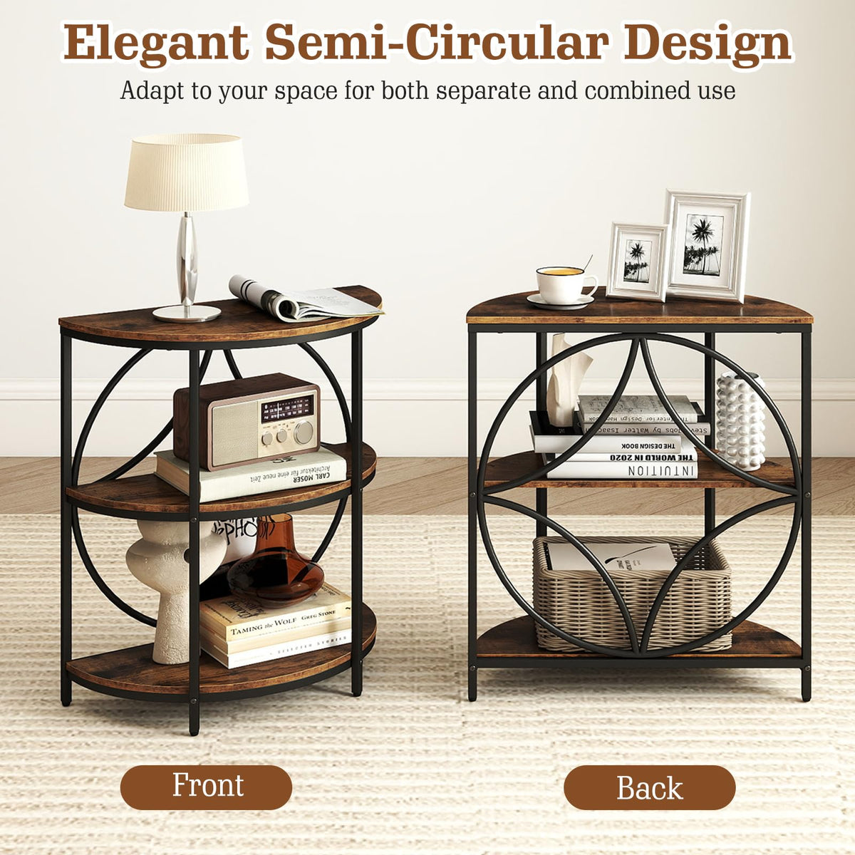 Half Round 3-Tier Sofa Side Table with Storage Shelves N3370