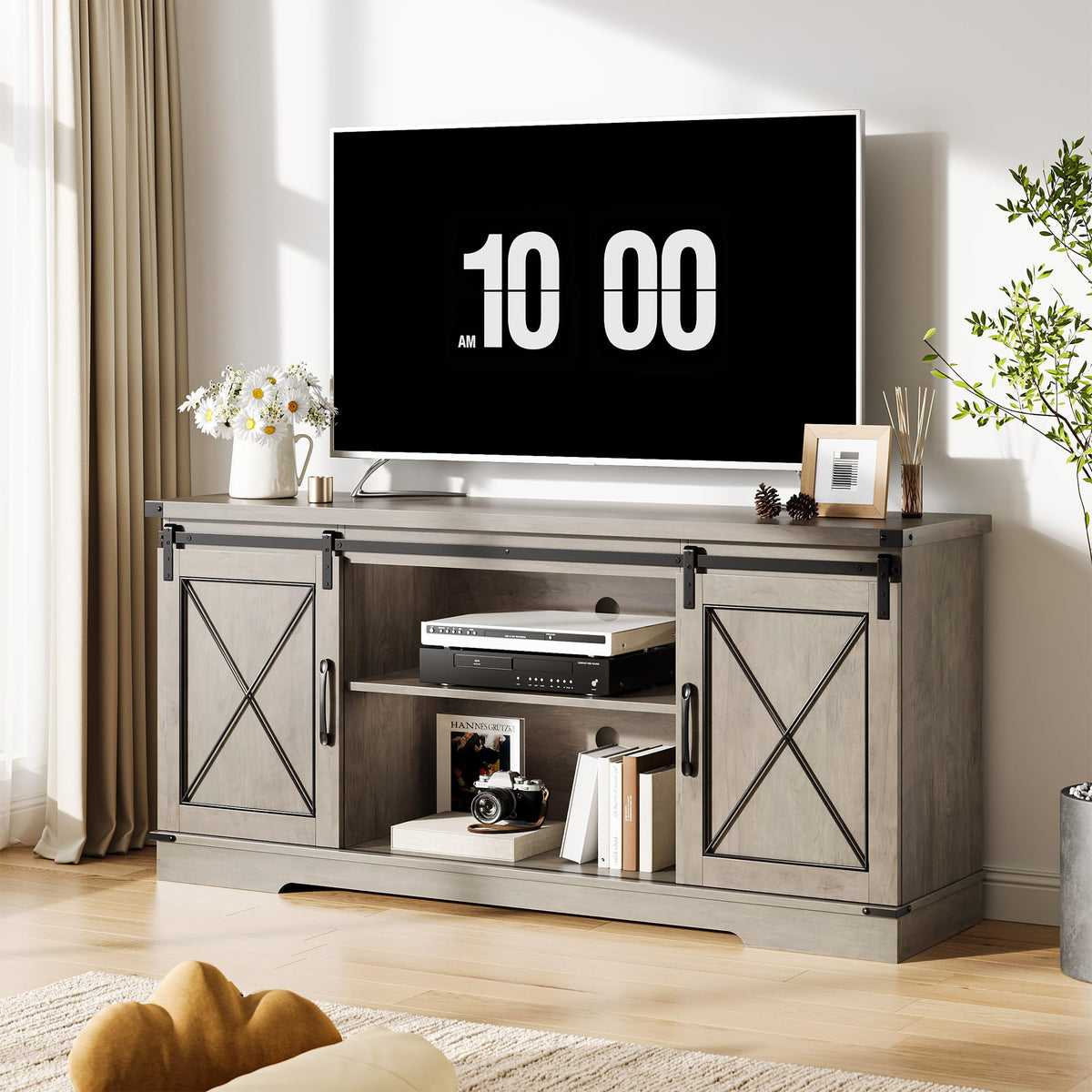Farmhouse TV Stand 65+ inch with Sliding Barn Doors and Storage Cabinets U181