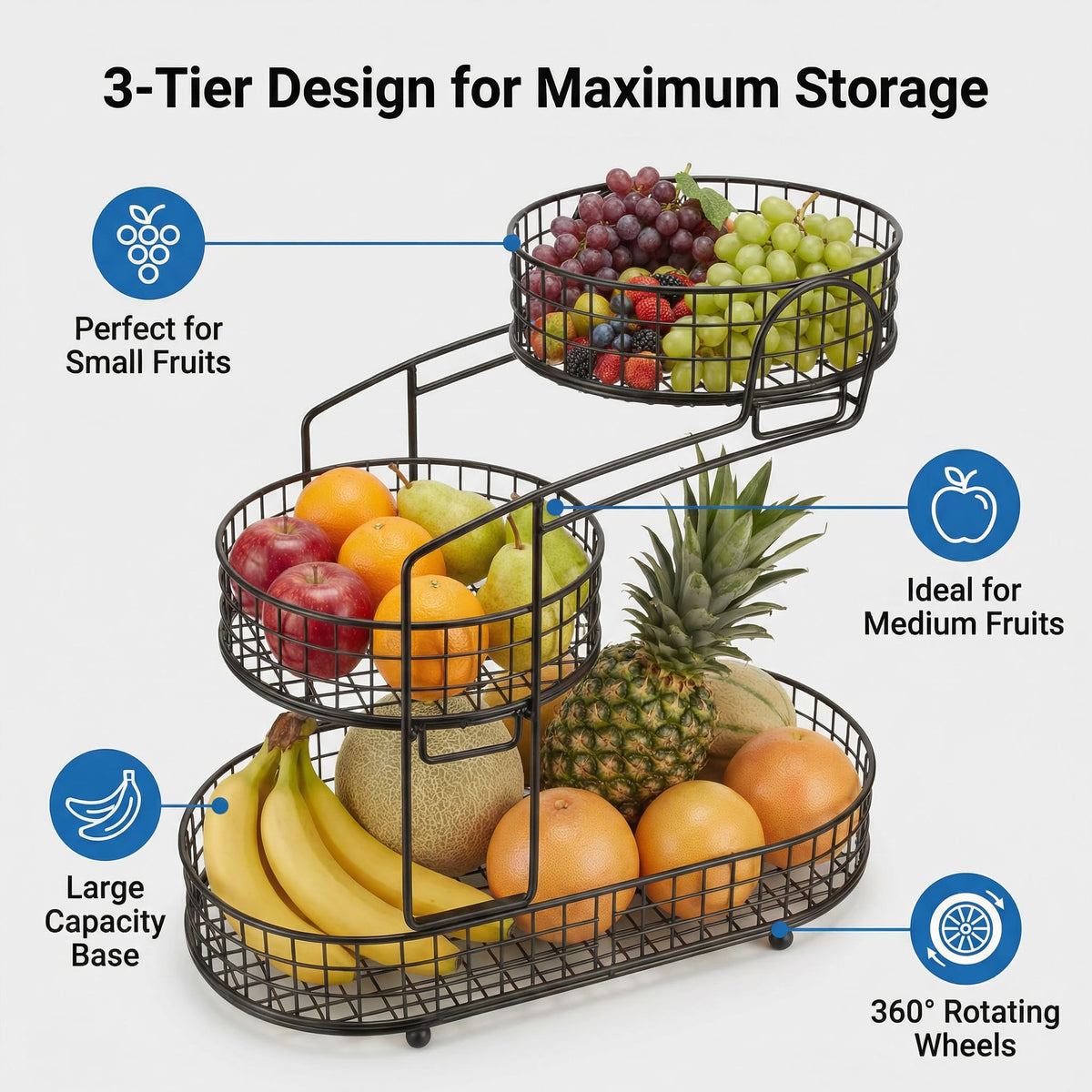 3-Tier Metal Fruit Basket Vegetable Storage Basket T372