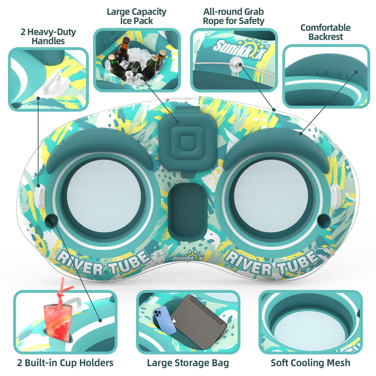 5-in-1 Pool Floats 2 Person River Tube with Backrests Built-in Cooler K29943