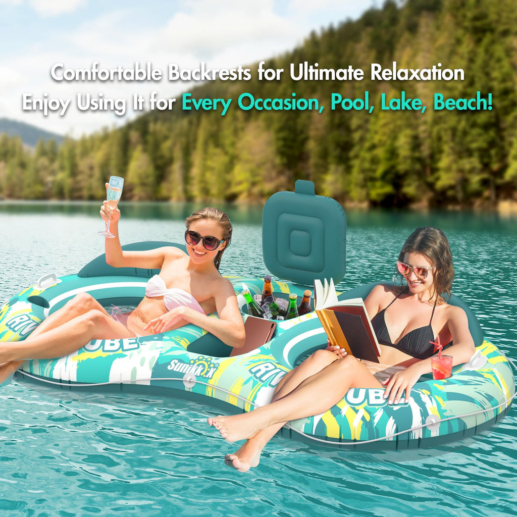 5-in-1 Pool Floats 2 Person River Tube with Backrests Built-in Cooler K29943