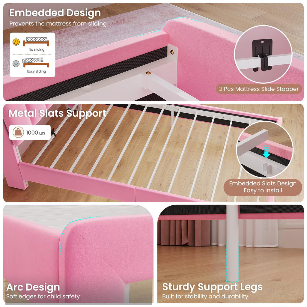 Pink Velvet Upholstered Twin Size Platform Bed with Storage Drawer R4153