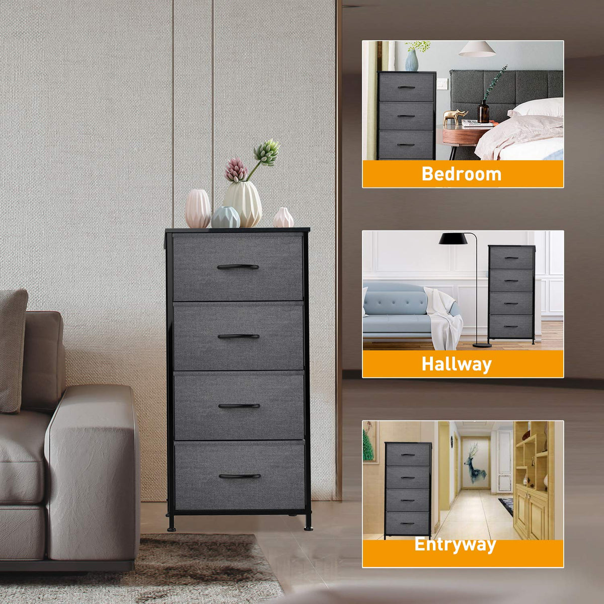 Black Grey 4 Drawer Fabric Storage Dresser W622984