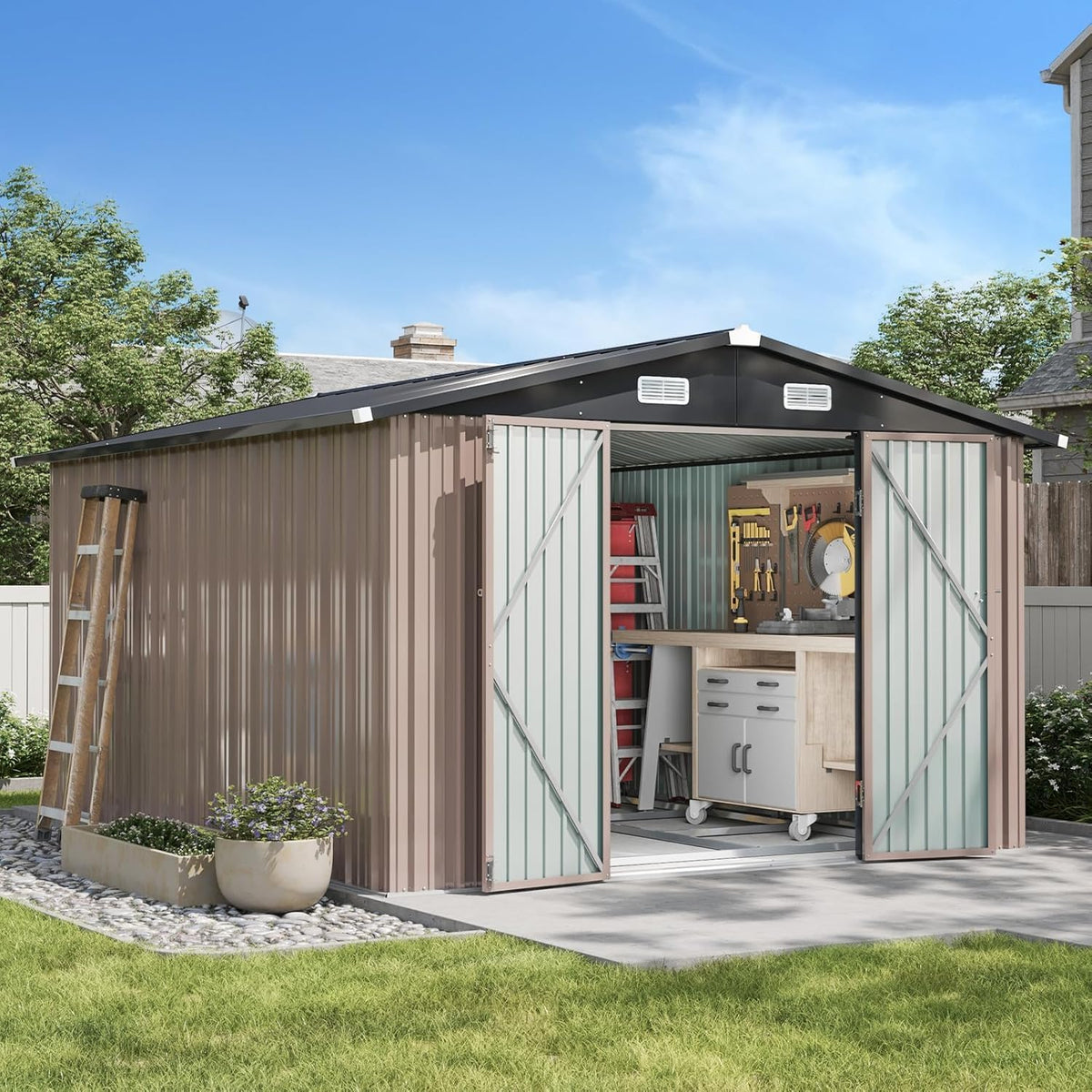 10x12 FT Galvanized Steel Outdoor Storage Shed with Base, Brown H816