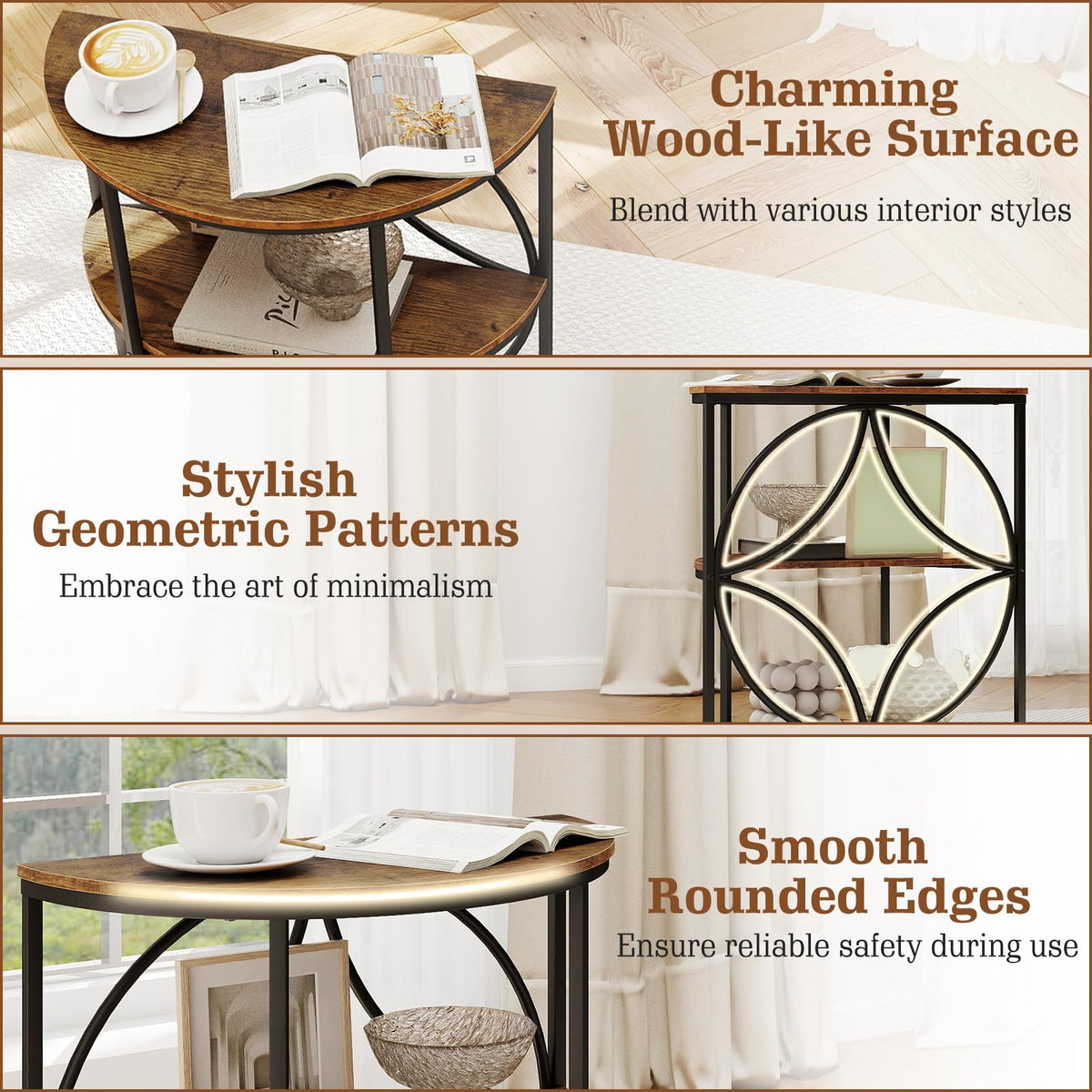 Half Round 3-Tier Sofa Side Table with Storage Shelves N3370