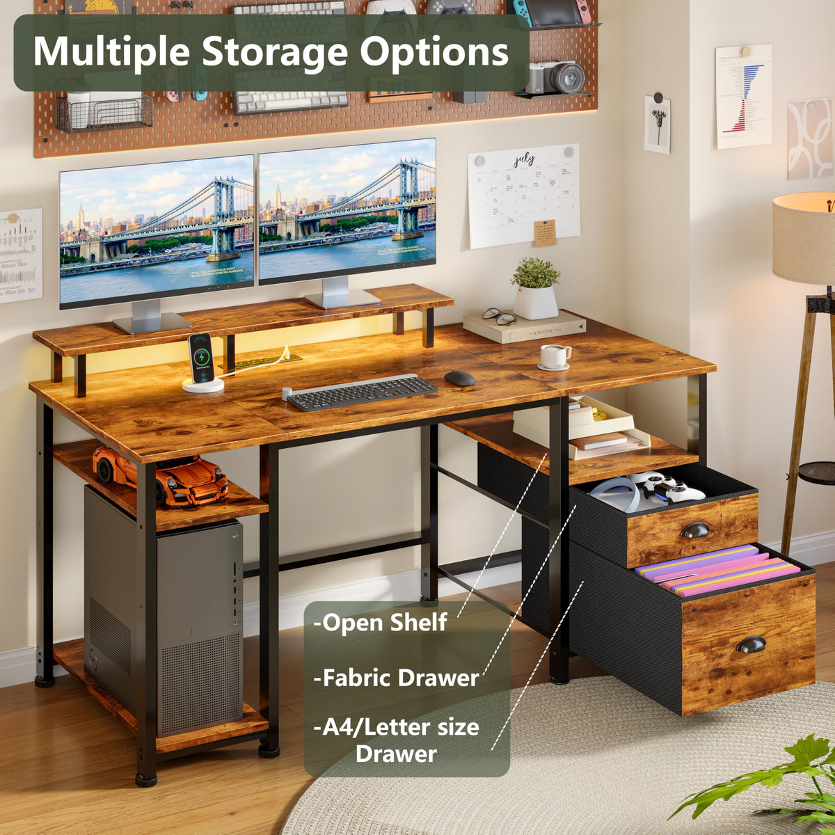 51" Computer Desk with Outlets & LED, Brown E287