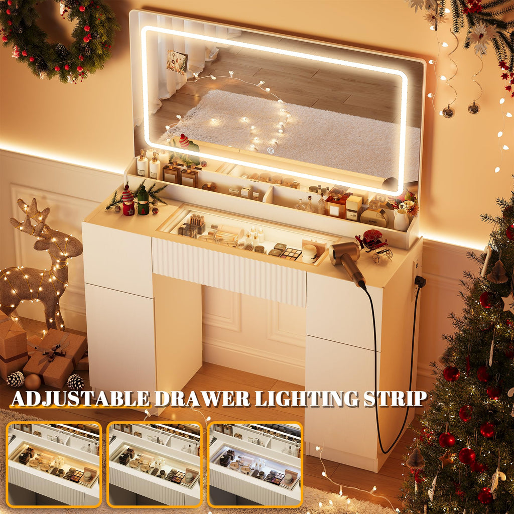 44" Pure White Vanity Desk with Mirror and Lights H533008