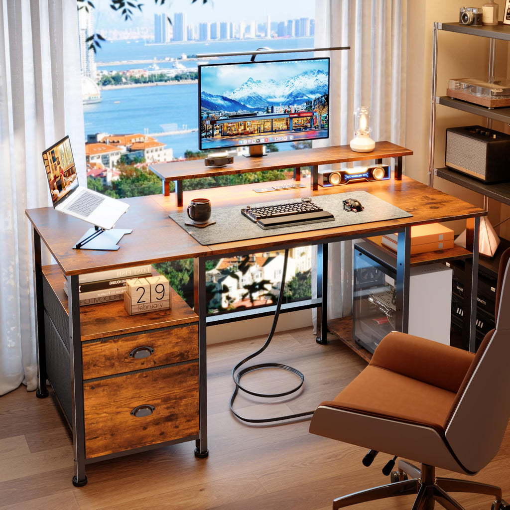 51" Computer Desk with Outlets & LED, Brown E287