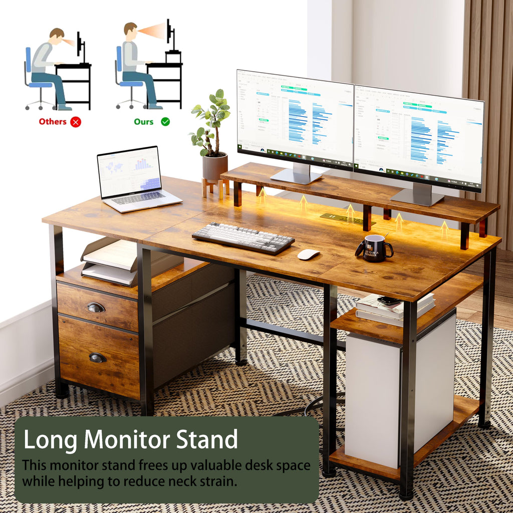 51" Computer Desk with Outlets & LED, Brown E287