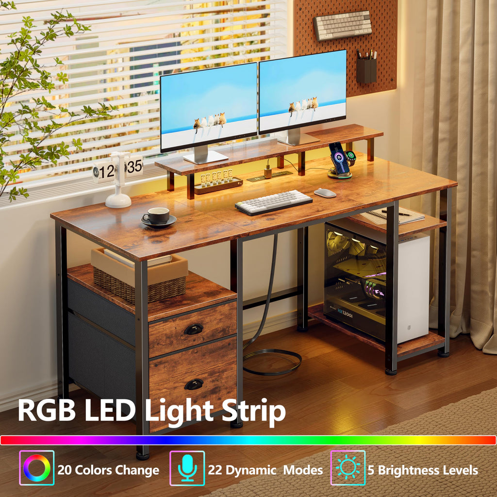 51" Computer Desk with Outlets & LED, Brown E287